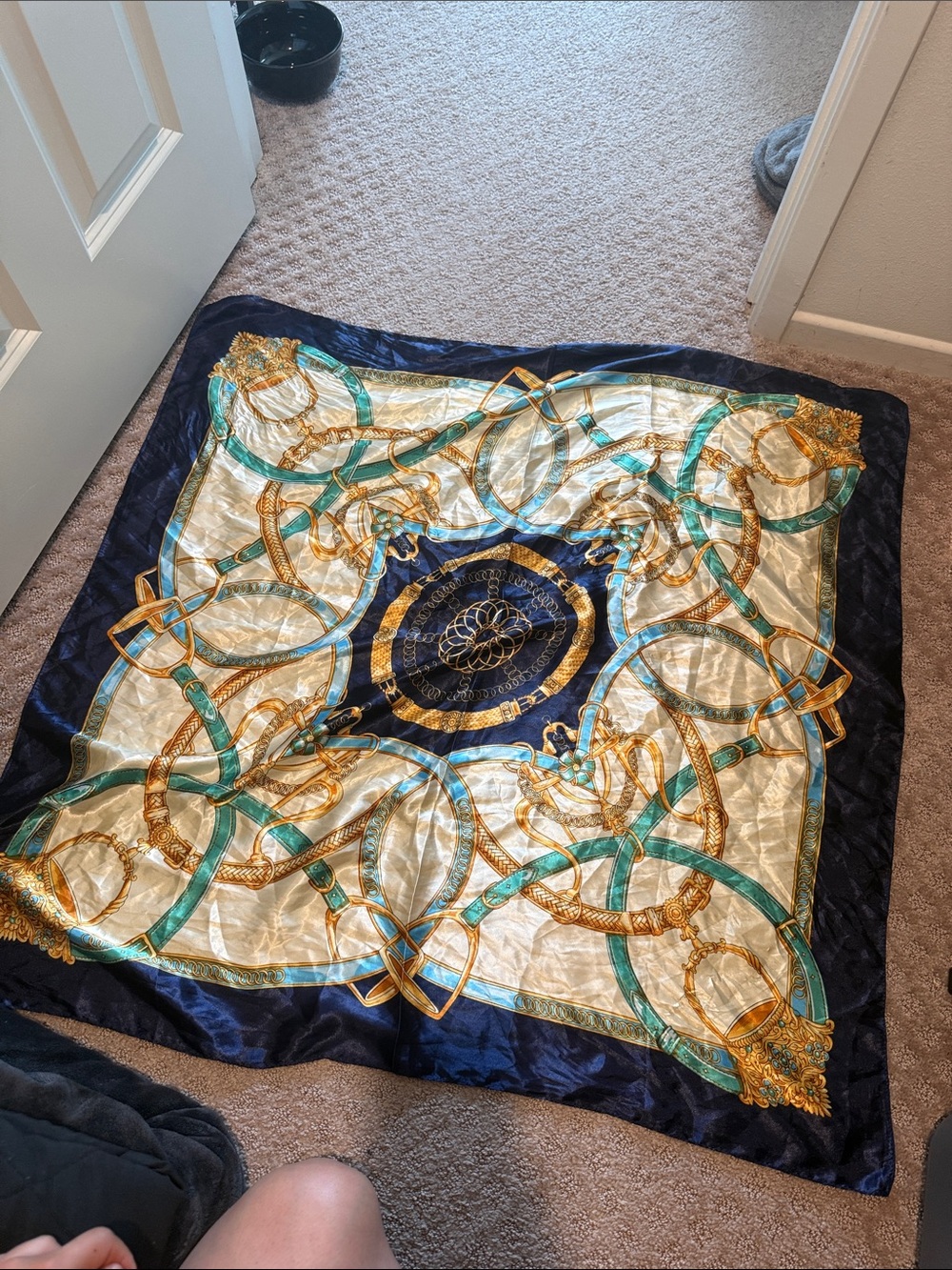 Silk-Effect Decorative Scarf Throw in Navy, Gold, Cream